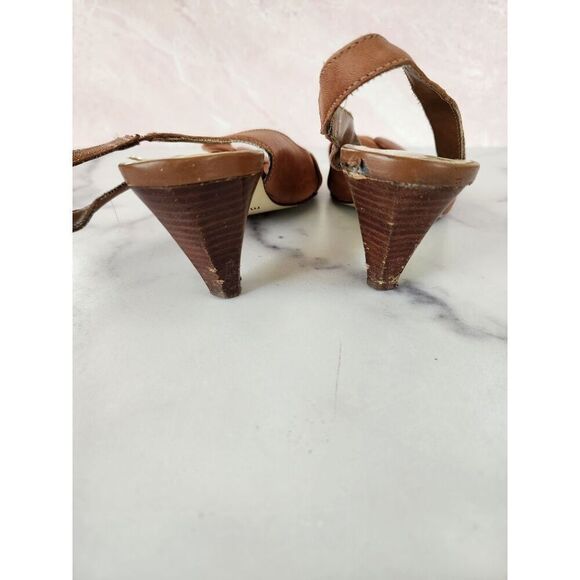 Maripe womens 7.5 leather medium brown high heel bow peep toe slingback block he - Picture 3 of 7